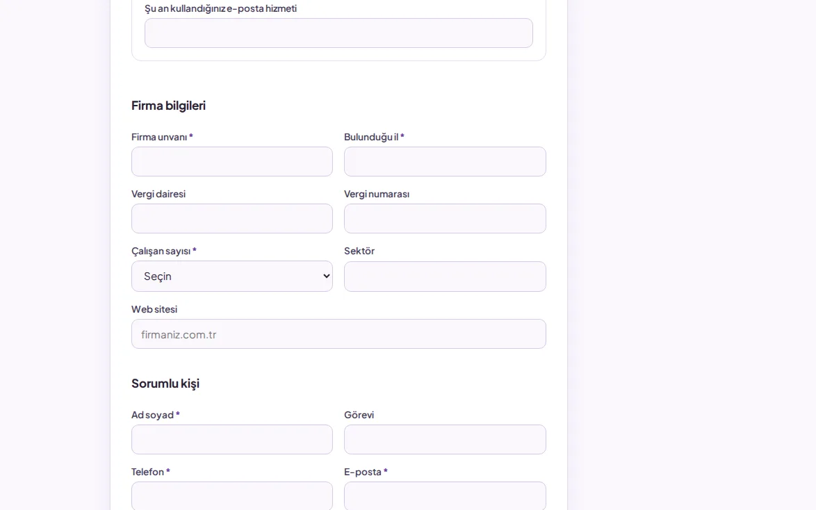 Firma bilgileri ve Sorumlu kişi bölümleri (demo verisiyle)