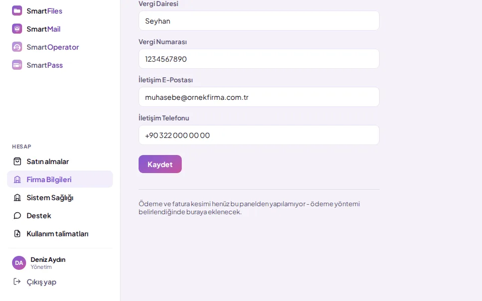 Firma Bilgileri ekranı (demo verisiyle)