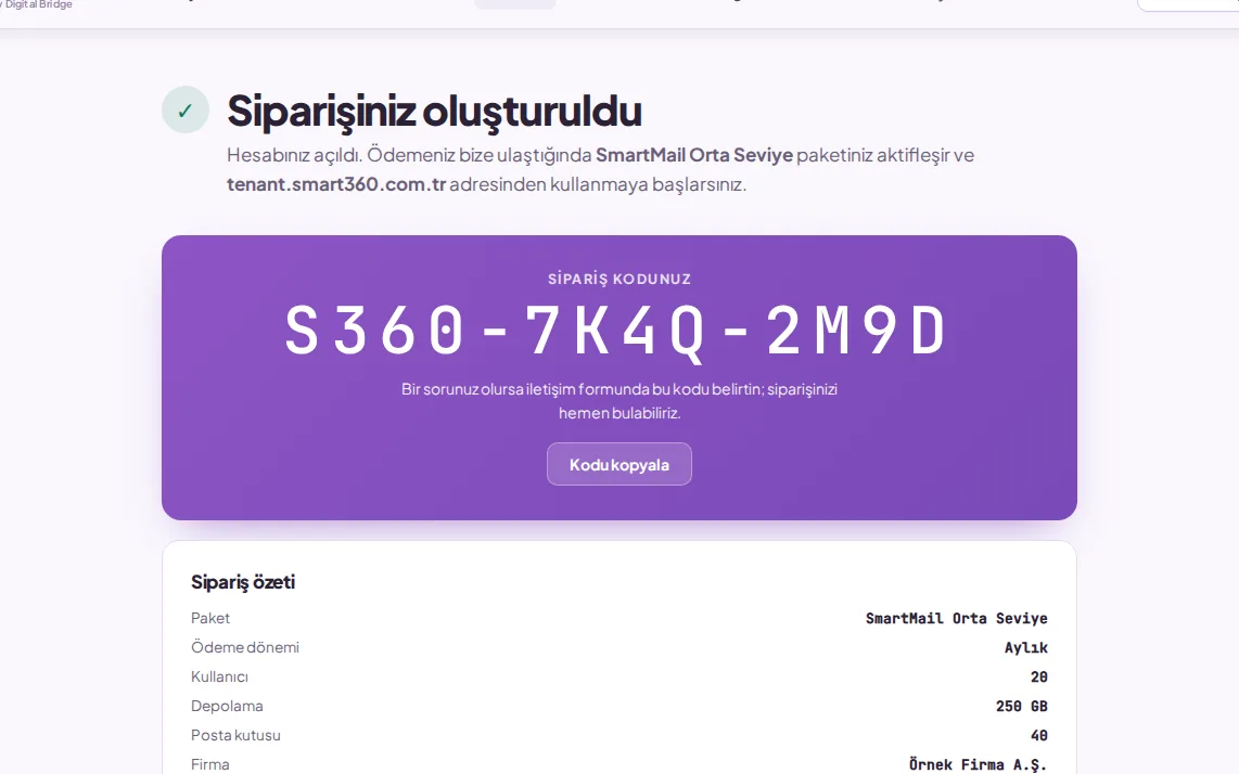 Sipariş kodu ve "Kodu kopyala" düğmesi (demo verisiyle)