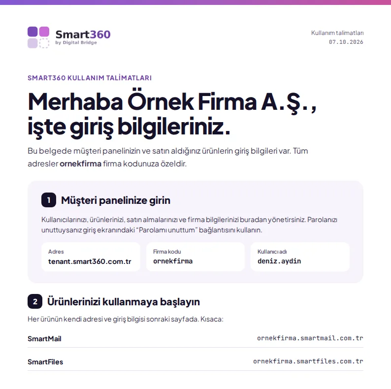 Kullanım talimatları PDF'inin ilk sayfası: firma kodu, kullanıcı adı ve ürünlerin kısa listesi (demo verisiyle)