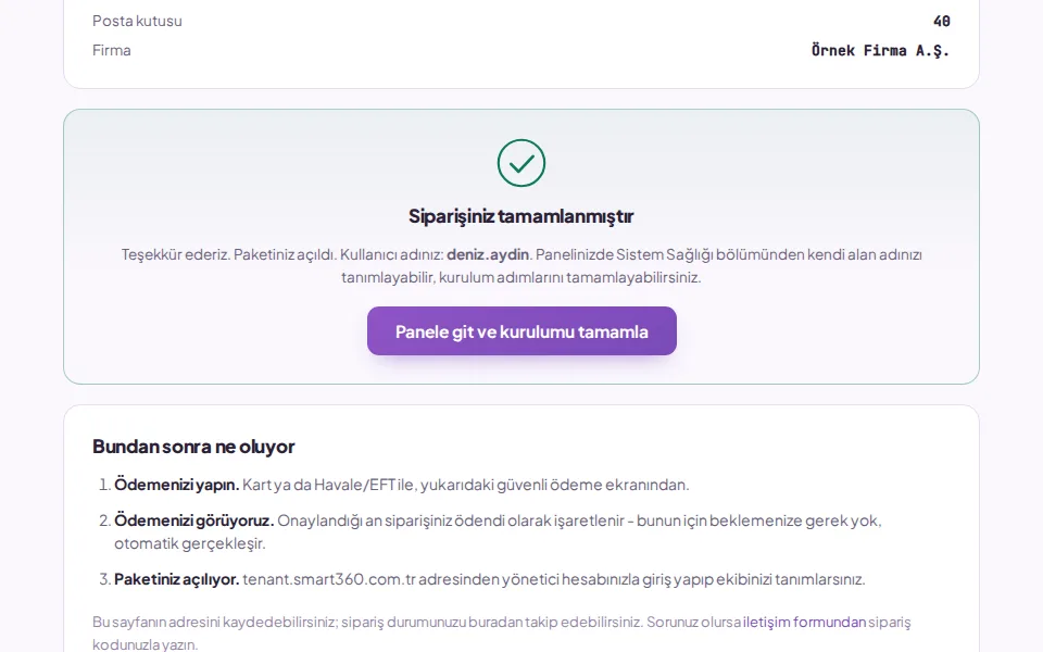 Tamamlanan sipariş: "Panele git ve kurulumu tamamla" düğmesi (demo verisiyle)
