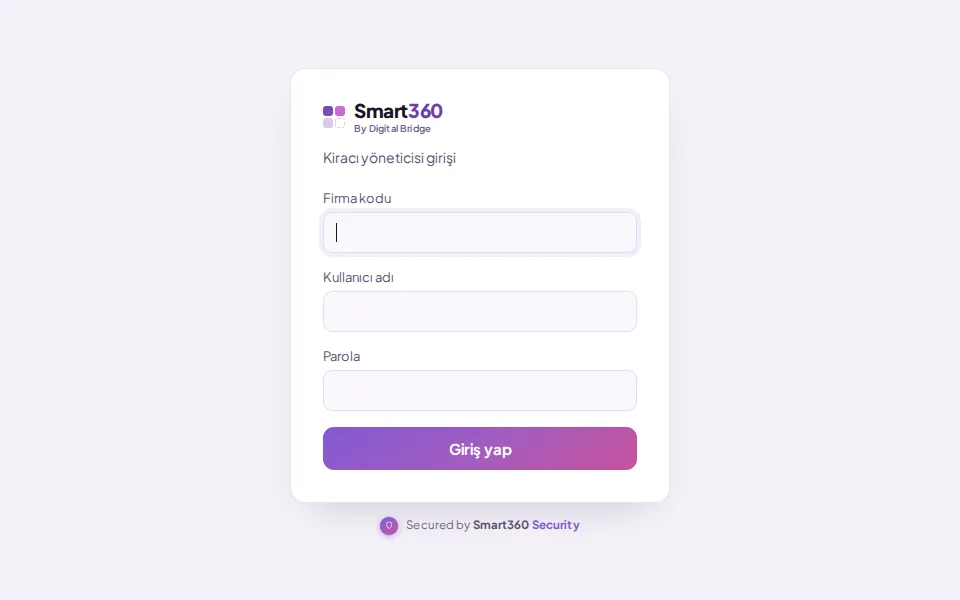 Giriş ekranı: Firma kodu, Kullanıcı adı, Parola alanları ve Smart360 Security şeridi (demo verisiyle)