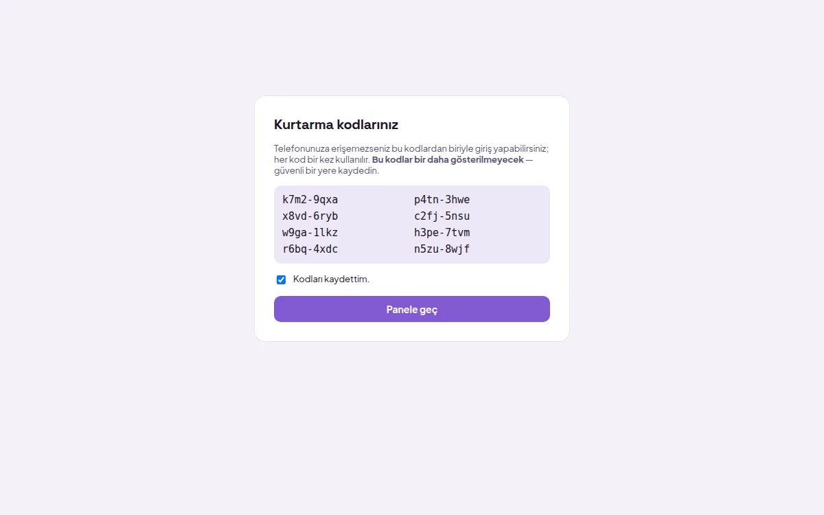 Kurtarma kodları ekranı (demo verisiyle)