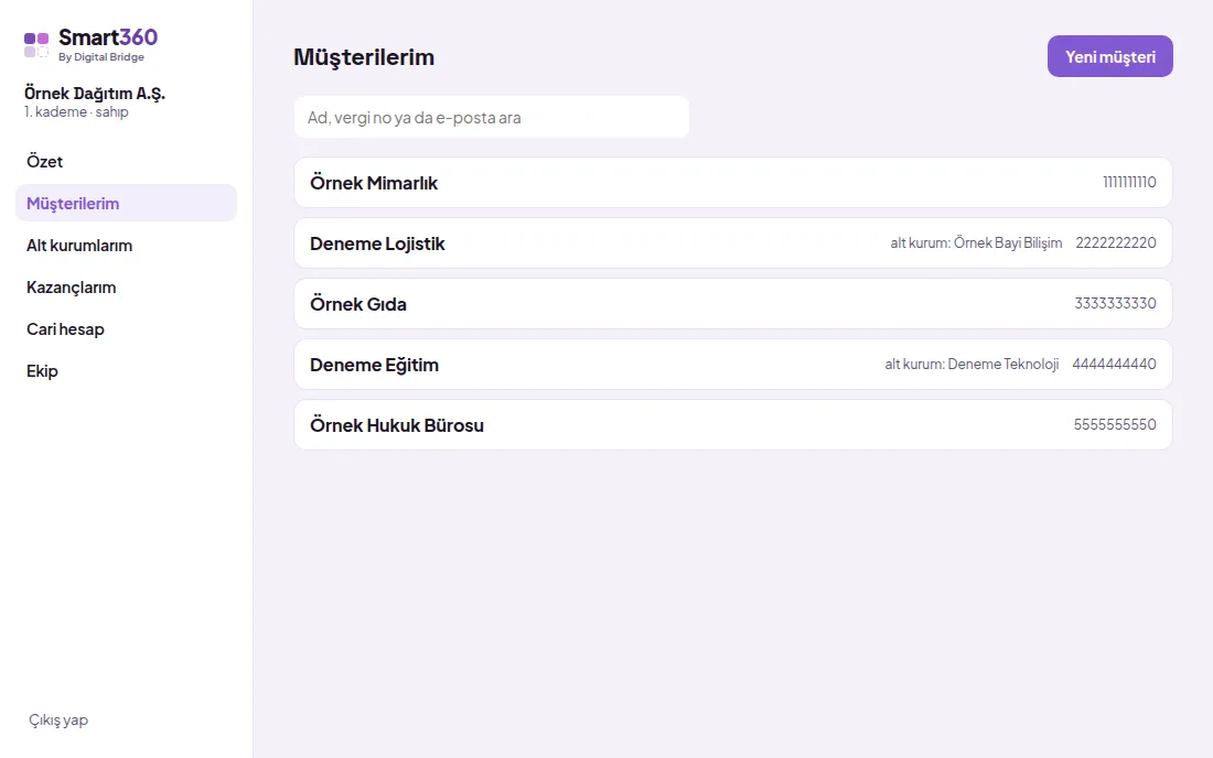 Müşterilerim ekranı ve Yeni müşteri düğmesi (demo verisiyle)