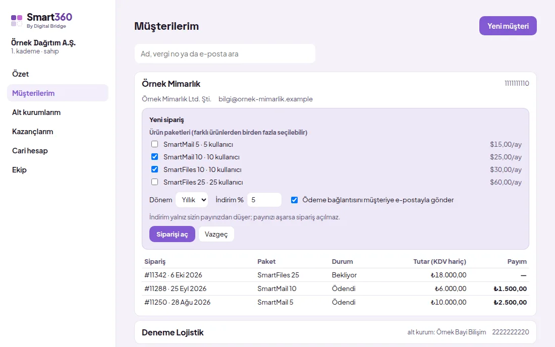 Yeni sipariş formu (demo verisiyle)